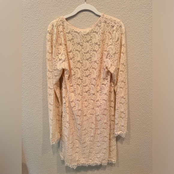 FREE PEOPLE Mini PEARL LACE Pink Cream Faux Wrap V Neck Dress XL - Picture 6 of 6